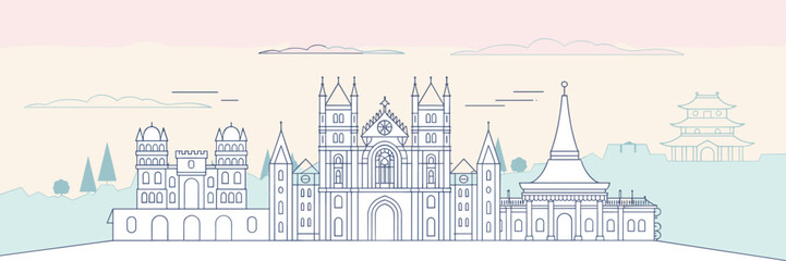 Fototapeta premium Minimalist outline illustration of historic architecture with a Gothic cathedral