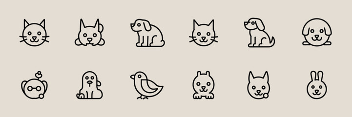Fototapeta premium Minimalist outline-style vector icons of cats, dogs, birds, and rabbits in a clean grid layout