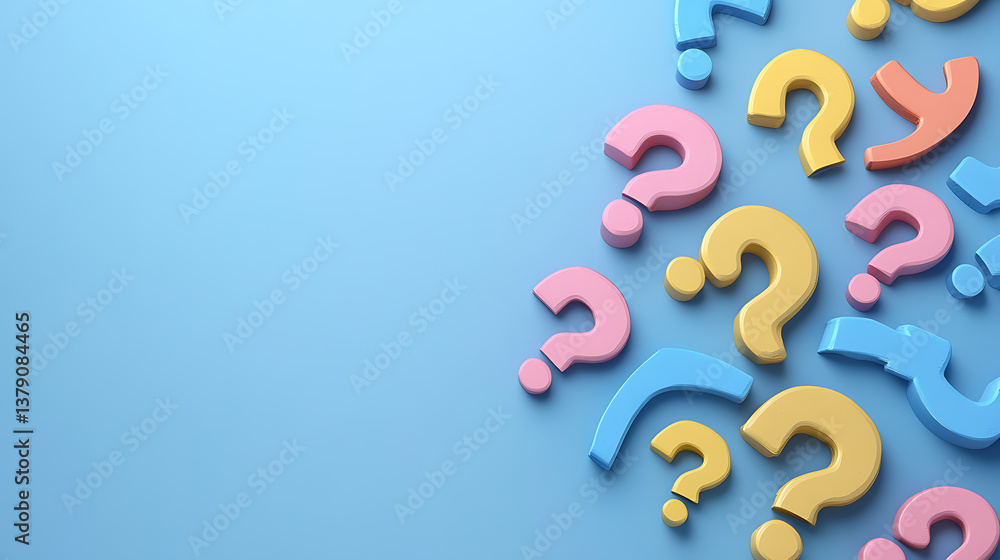 Aufkleber Creative abstract question marks on blue backdrop with mock up place, ask, solution and faq concept, 3d rendering