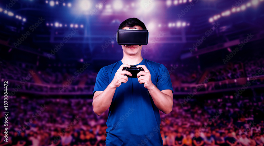 Poster adult holding joystick and wearing vr goggles while enjoy playing games at stadium with blurring bac