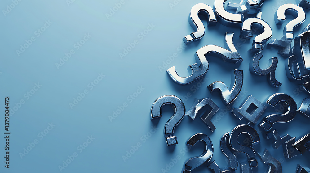 Poster Creative abstract question marks on blue backdrop with mock up place, ask, solution and faq concept, 3d rendering