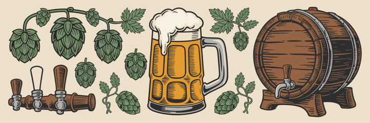 Rustic brewery vector icons featuring beer mug, hops, and tap handles