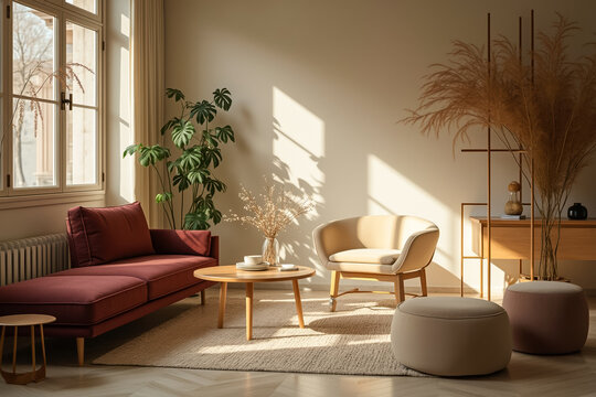 sunlit living room showcasing a burgundy sofa and a beige armchair