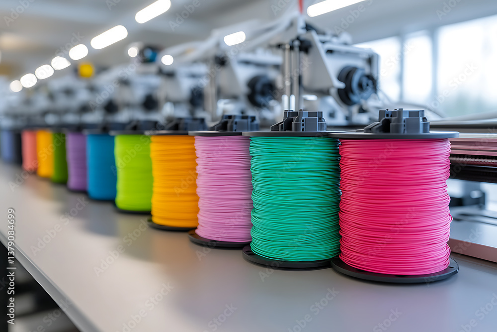 Poster colorful spools of filament lined up in a factory setting, ready for use in 3d printers. innovation 
