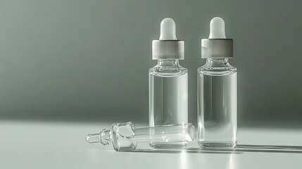 Naklejka premium A pair of glass bottles resting on a white table with a shadow on the wall