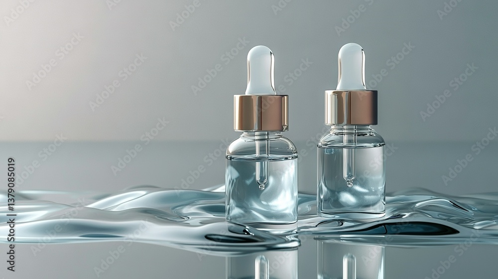 Poster a table with two bottles containing liquid on top of a drop of water