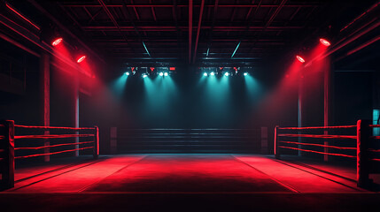 Professional boxing ring with spotlights and dark background