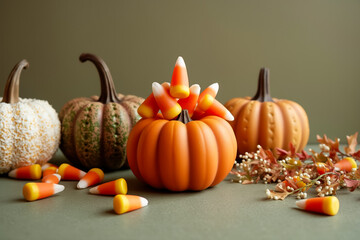 three decorative pumpkins with candy corn on a sage green surface