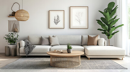 Cozy loveseat sofa near round accent coffee table, scandinavian home interior design of modern living room in farmhouse