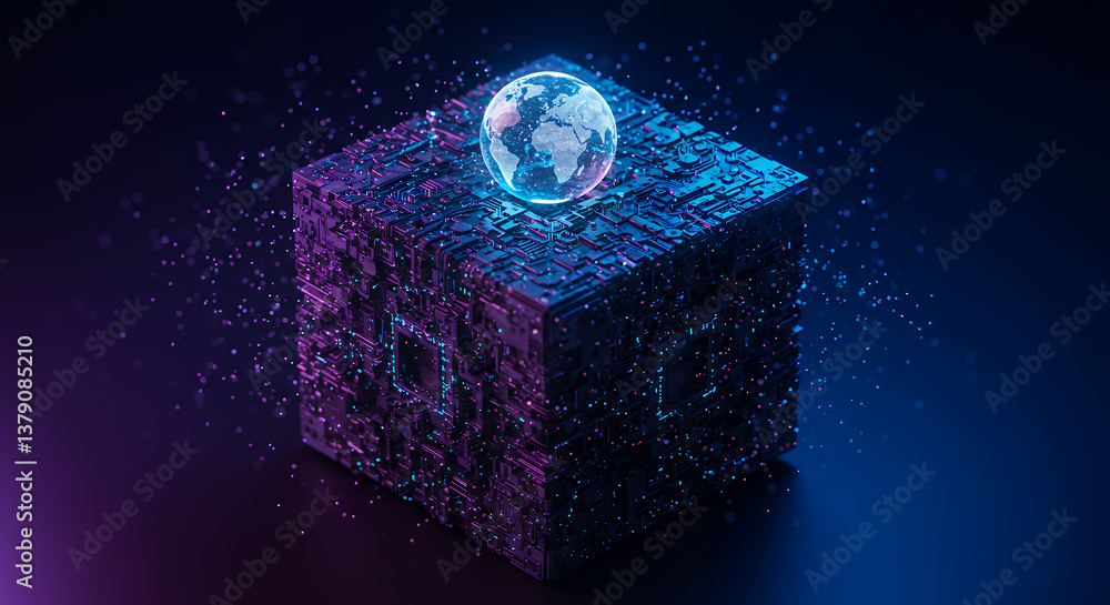 Poster tech cube & globe: data, innovation, & global networks. futuristic techscape with 3d rendered earth.