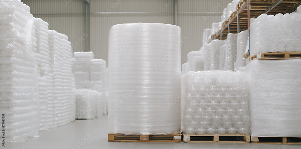 Poster stacks of wrapped foam products. inventory stored in a warehouse. ready for distribution or shipment
