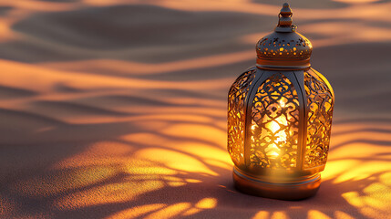 Ramadan kareem banner design with 3d render of golden crescent moon on sand dune