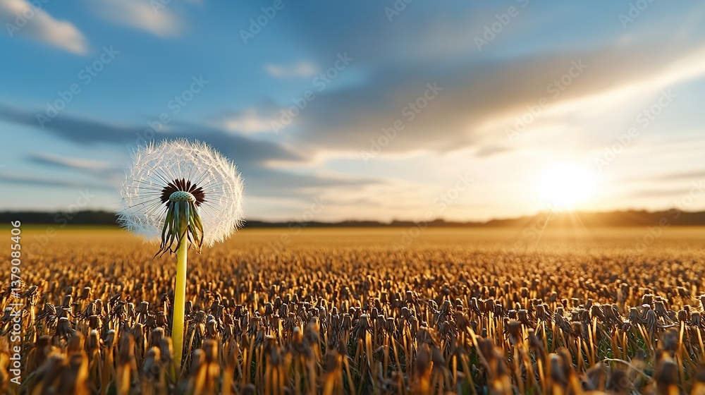 Poster a dandelion rests in a field as the sun sets behind it in the distance