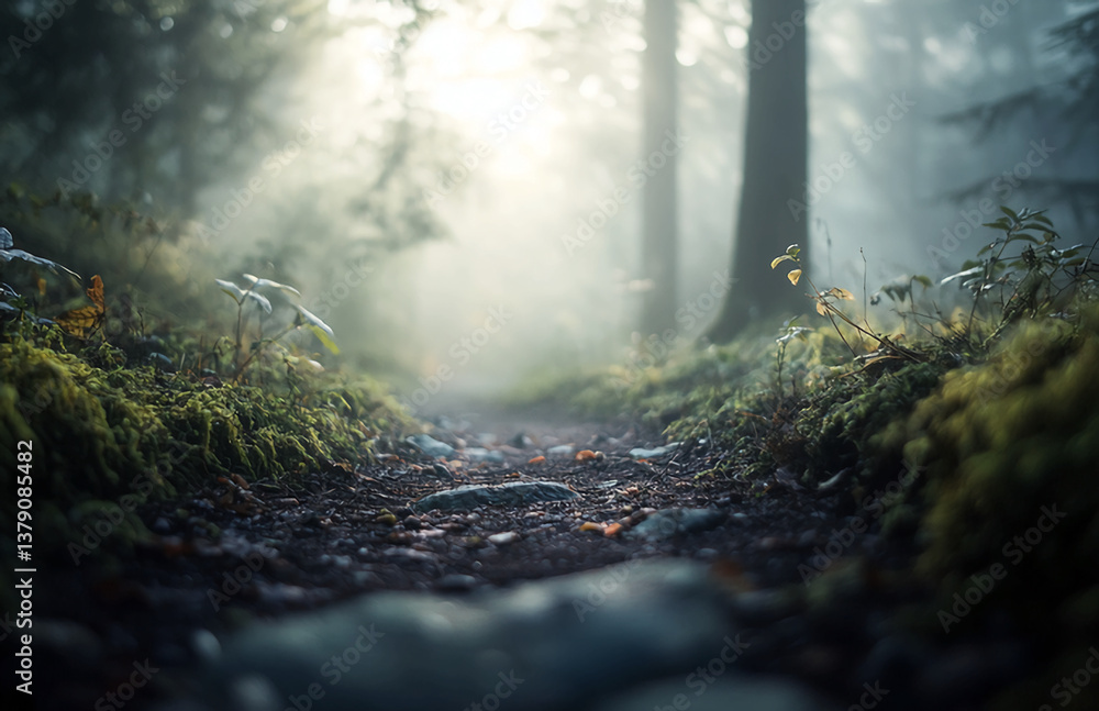 Poster exploring a misty forest path: nature photography of a tranquil woodland scene with sunlight filteri
