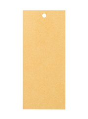 Blank beige rectangular hang tag with round hole for rope isolated on white background, perfect canvas for indicating price, sale details, fabric composition information,