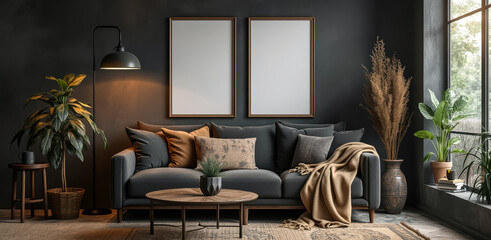 cozy living room interior with gray sofa and beige knitted throw