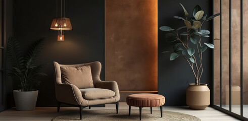 beige armchair with ottoman in a modern minimalist living room setting
