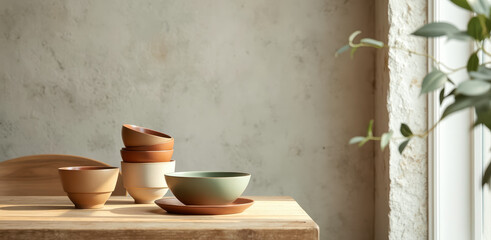 collection of ceramic bowls in earth tones on a wooden table