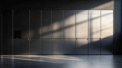 Silhouette of sleek metallic office cabinets arranged along a dark wall