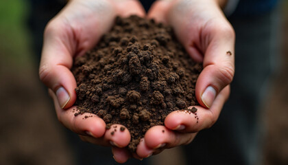 Hands holding rich soil for planting in a garden  