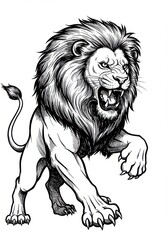 Illustration of a roaring lion with a thick mane and sharp claws in black and white style