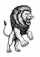 Obraz premium A detailed black and white drawing of a roaring lion standing on its hind legs with claws out