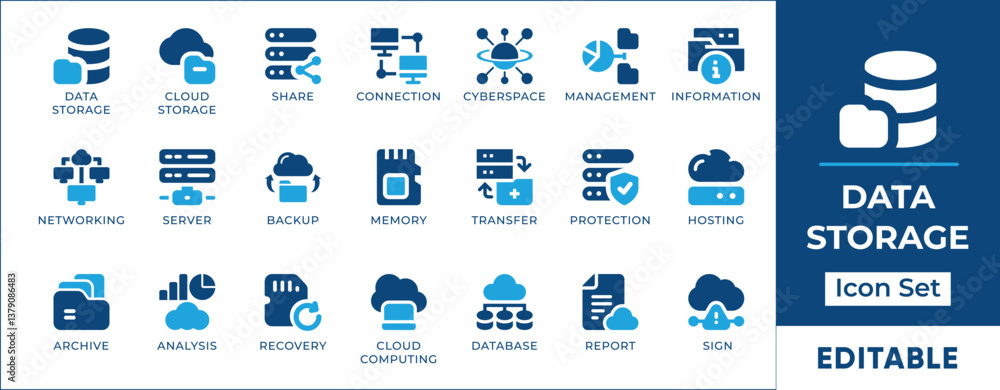 Poster minimalist data storage icon set featuring cloud computing, database management, server security, fi