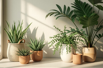 five potted plants in various containers bathed in sunlight