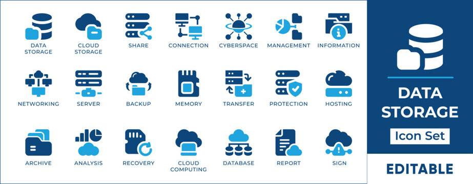 Minimalist data storage icon set featuring cloud computing, database management, server security, file backup, network storage, data protection, and digital information systems.