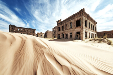 Fototapeta premium Deserted buildings consumed by sand under a bright, partly cloudy sky, suggesting abandonment and the relentless power of nature.