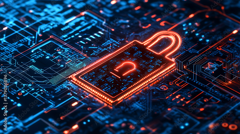 Poster cyber security concept, circuit board and lock