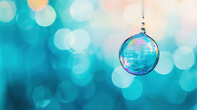   A blue and green-lit boket hangs with a glass ornament on a string