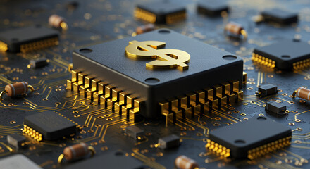 Digital Finance: Golden Chip & Dollar Symbol on Circuit Board - Fintech, Cryptocurrency, & Financial Technology Concept