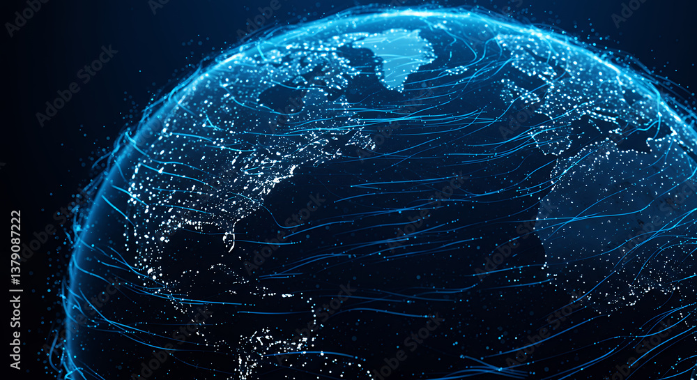 Poster global connectivity: digital earth with data streams, network visualization, futuristic world, techn