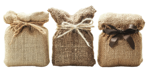Three decorative burlap bags with natural fibers, stylish ties, and neutral colors suitable for gifts, decorations, and various crafting projects
