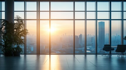 Fototapeta premium Silhouette of tall glass windows in an ultra-modern office framed by subtle overlapping light beams