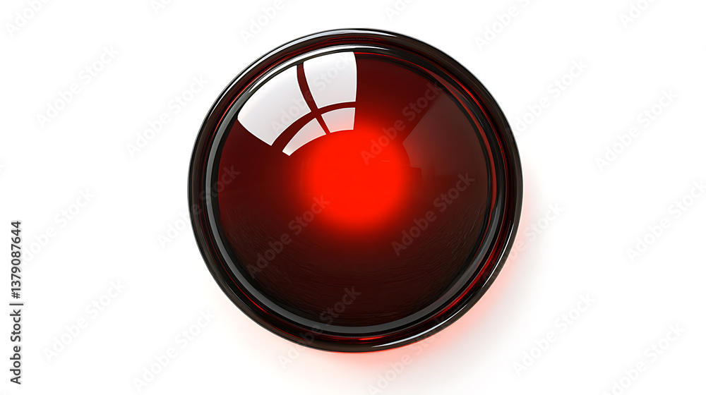 Poster red circle button with glowing red light isolated on white background