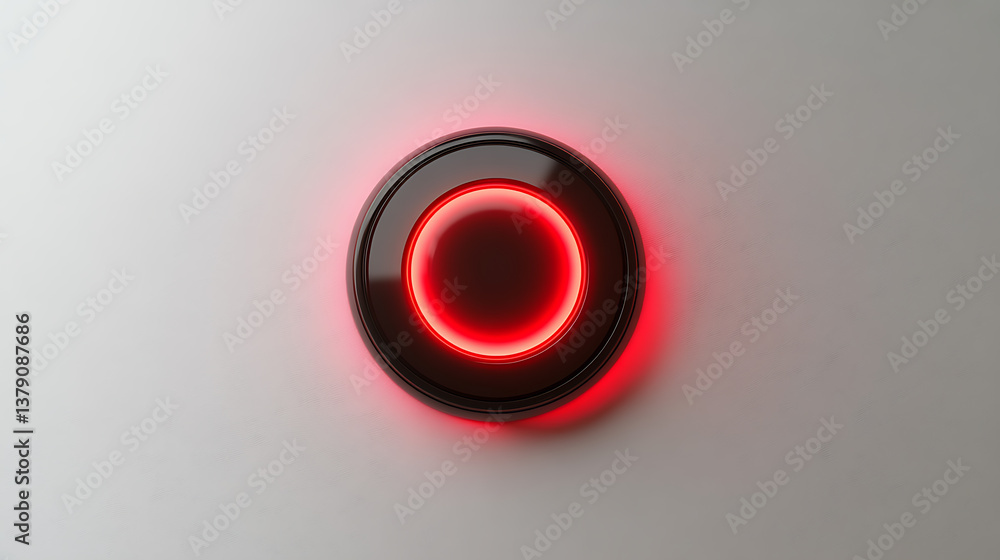 Poster red circle button with glowing red light isolated on white background
