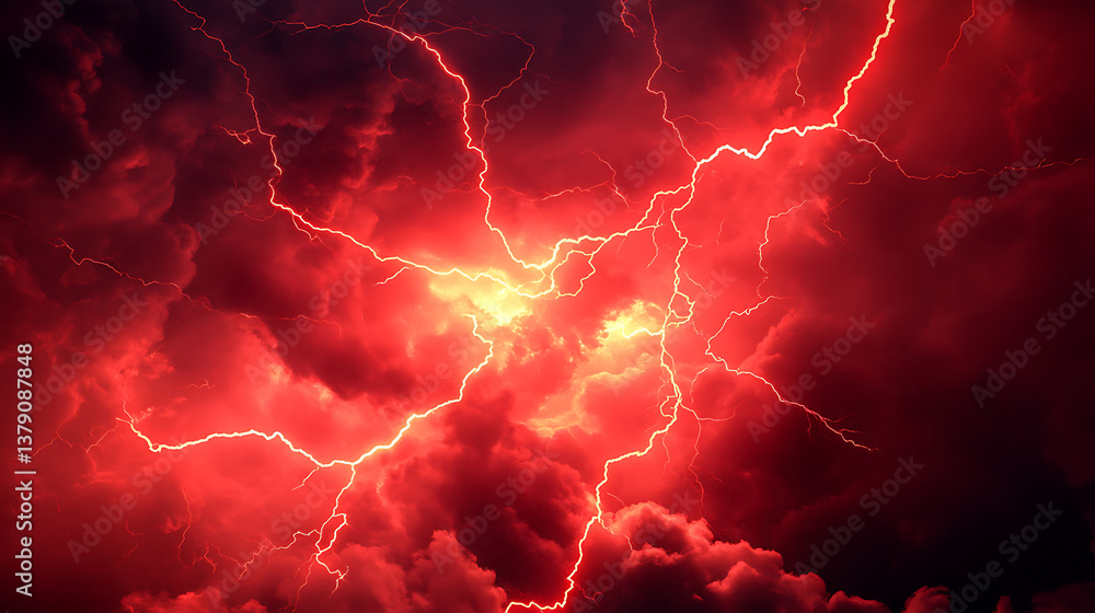 Aufkleber Red lightning and clouds abstract background texture