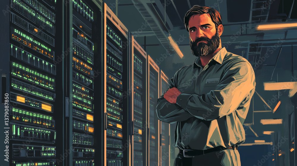 Poster bearded black it engineer standing and posing with crossed arms in the middle of a working data cent