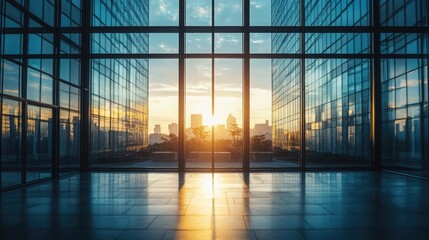 Fototapeta premium Silhouette of tall glass windows in an ultra-modern office framed by subtle overlapping light beams