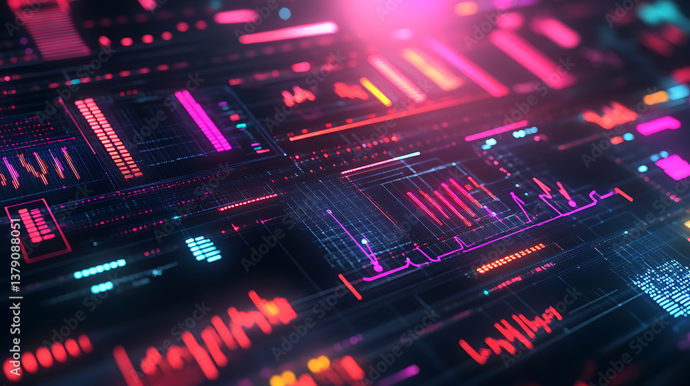 Leinwandbilder Dashboard with data visualization and analytics complexity graphs analytical diagrams in technology background bright neon dark