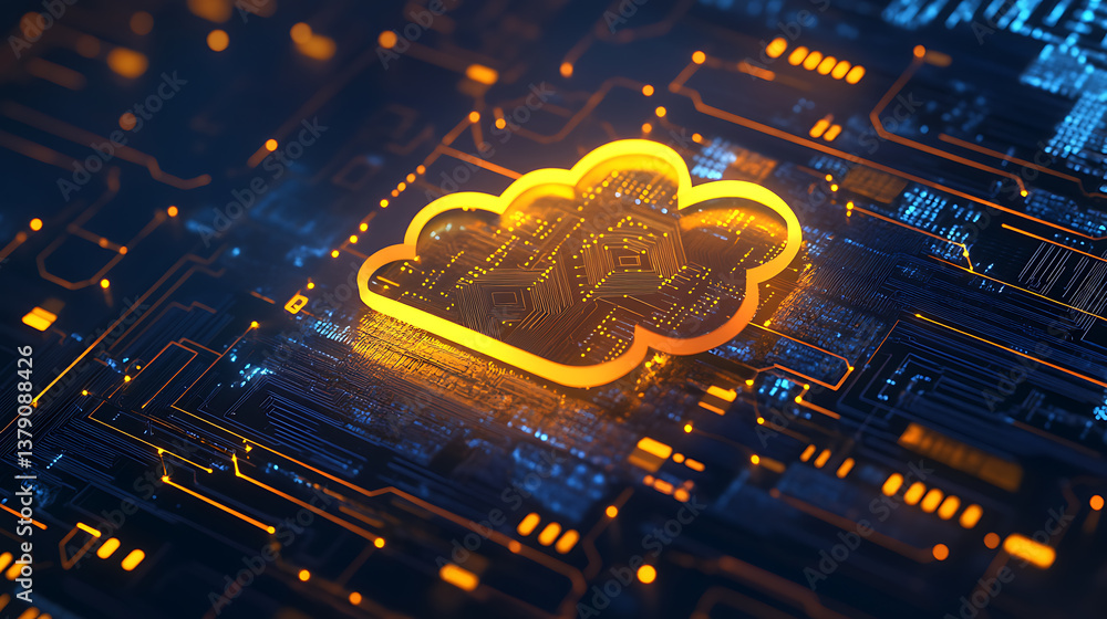 Poster Data storage and cloud computing concept with digital yellow cloud symbol with arrow up and micro circuit inside on dark background, 3d rendering