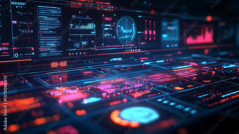 Poster Dashboard with data visualization and analytics complexity graphs analytical diagrams in technology background bright neon dark
