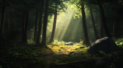 Deep forest landscape, clearing with a single ray of light, dark trees and stone