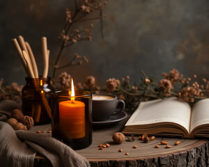 lit candle coffee and an open book on a wooden table with autumnal decorations