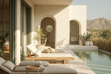 serene minimalist patio with wooden loungers and pool