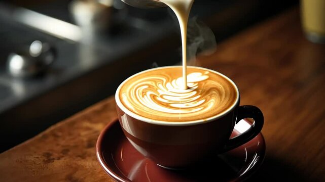Close-up video shot of latte art being poured into a steaming cup of coffee, capturing the intricate swirl design from a top-down angle.