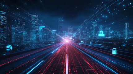 Abstract road leading to modern city, digitization concept virtual reality and communication