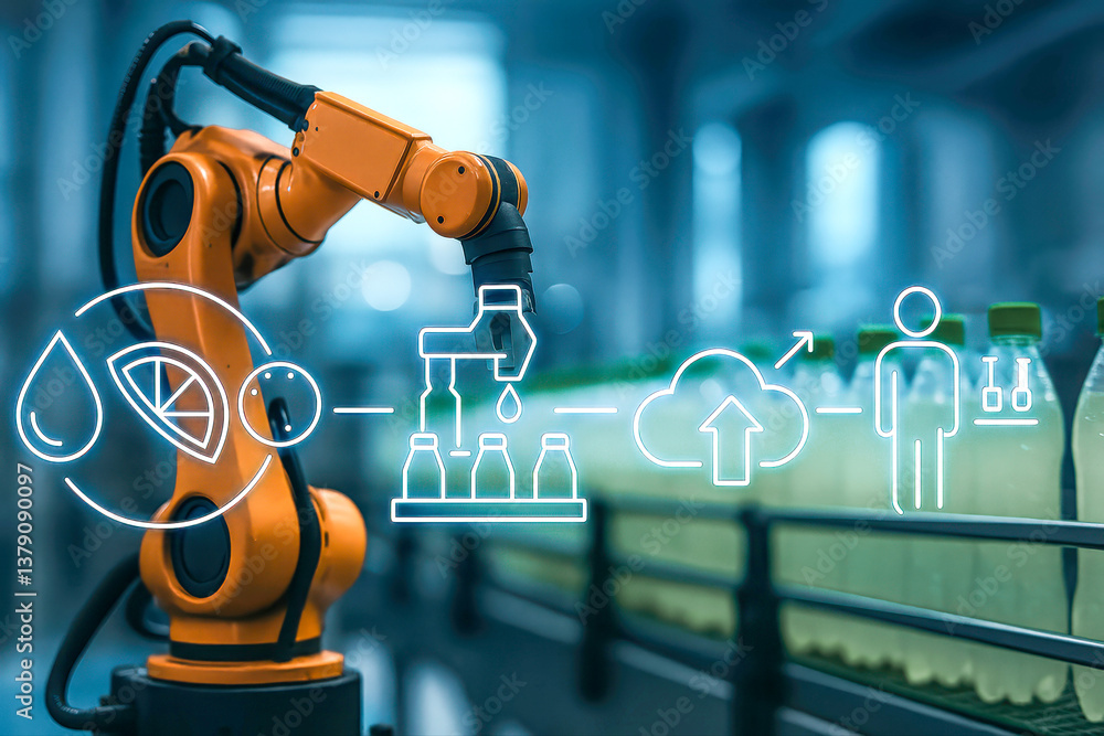 Poster robotic arm filling bottles in a smart factory, showcasing automation and cloud technology in the be